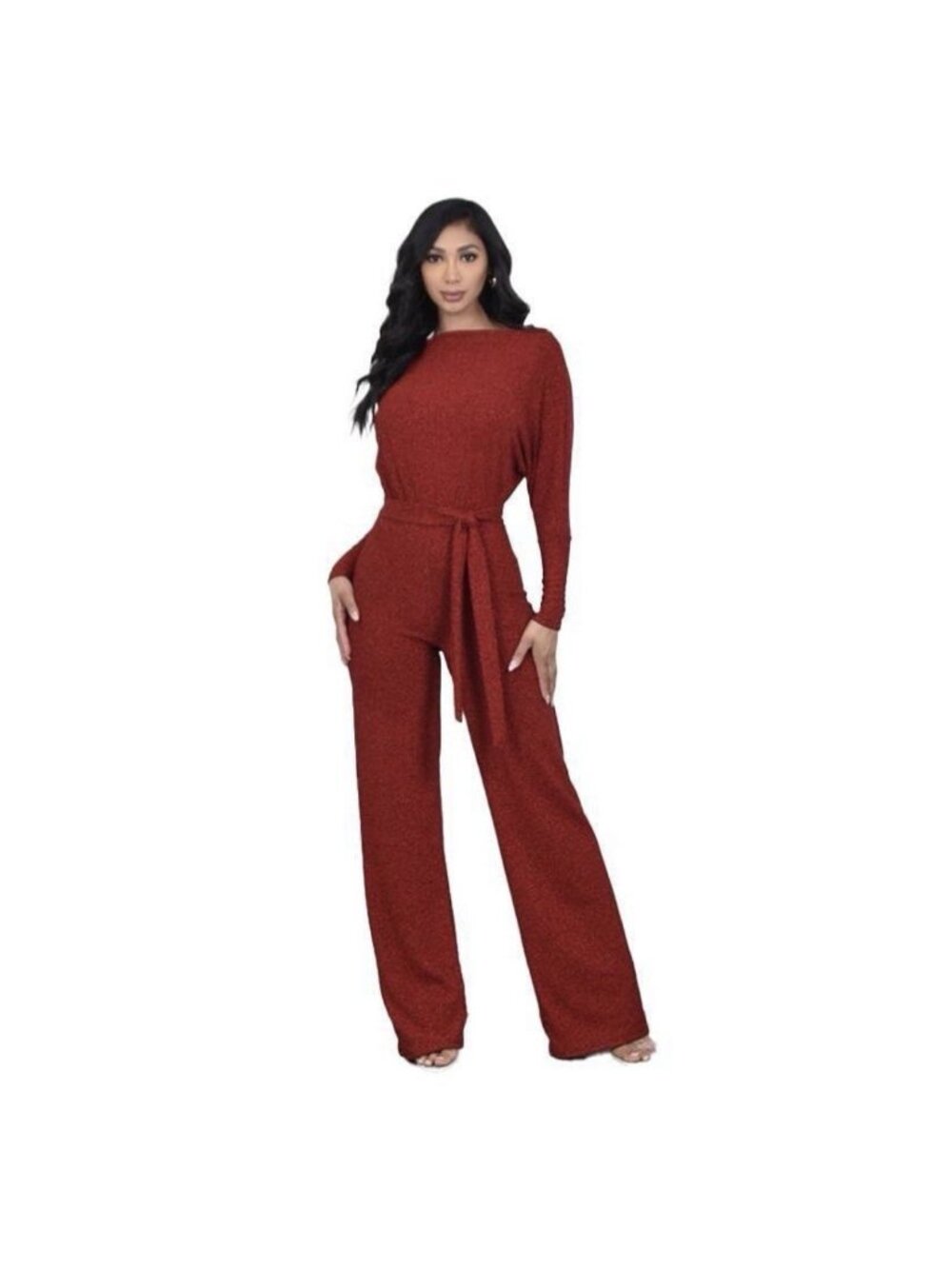 CAMEO Red Metallic Lurex Jumpsuit Women M Wide Leg Belted Long Sleeve NWT